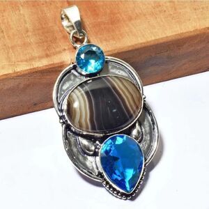 Botswana Agate Blue Topaz Ethnic Handmade Pendant Jewelry 3"
